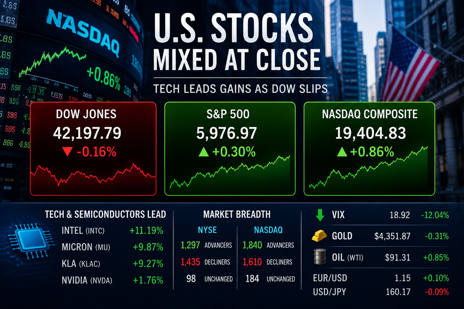 U.S. Stocks Finish Mixed as Tech Strength Offsets Dow Weakness