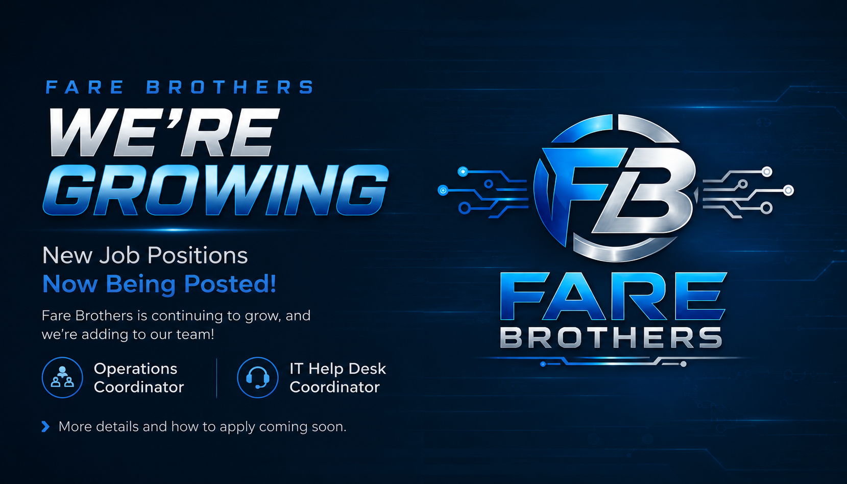 Fare Brothers Announces New Job Positions as the Company Continues to Grow