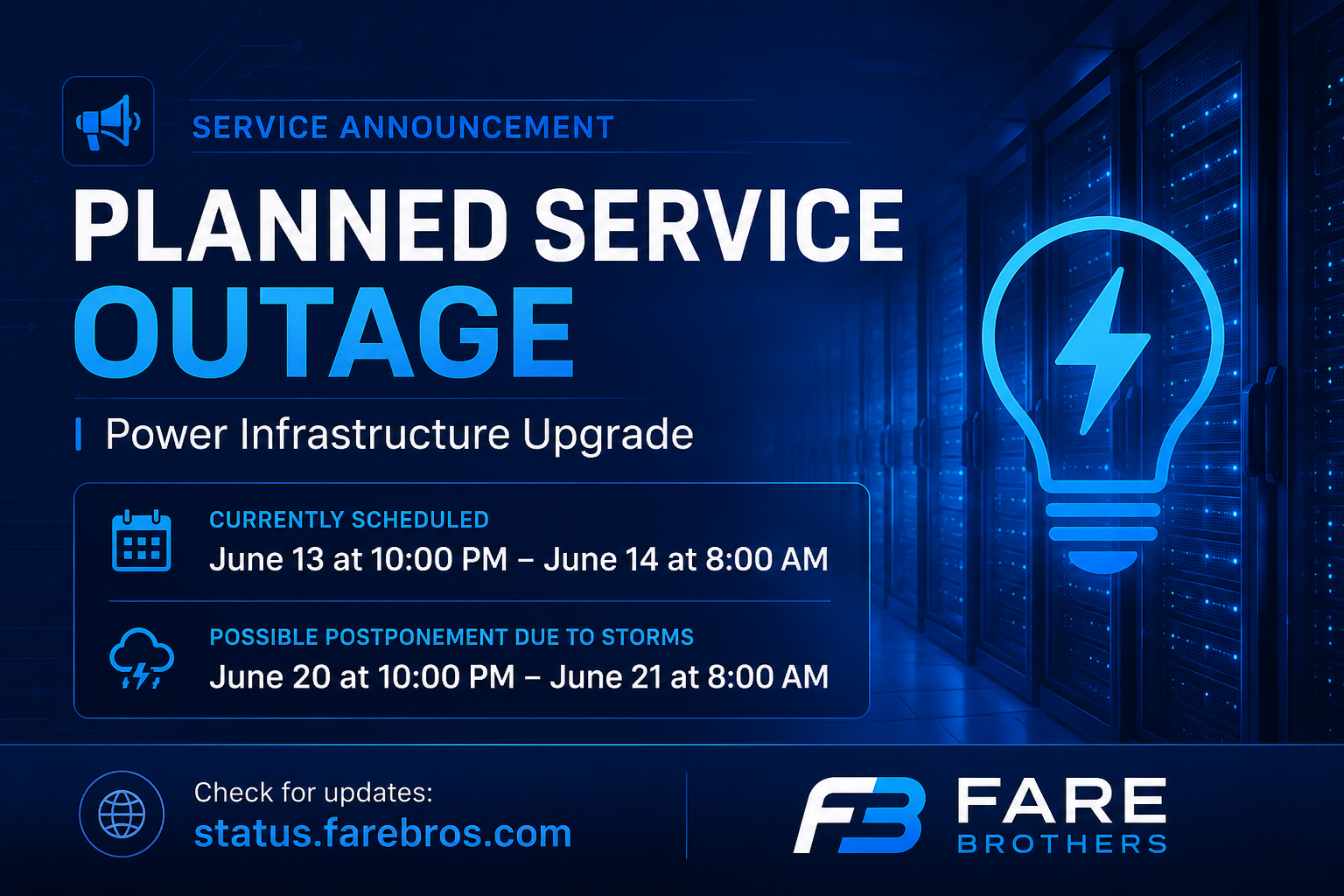 Planned Service Outage Rescheduled for Power Infrastructure Upgrade